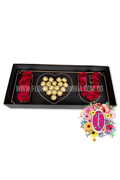 "Te amo" caja de rosas personalizada + chocolates - Flores de Colombia