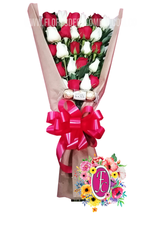 Ramillete abanico de 28 rosas con chocolates │ Flores de Colombia