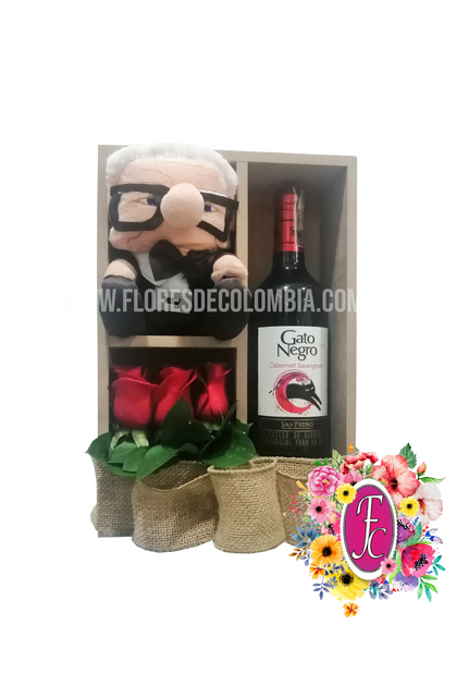 Box shelf con peluche y vino │ Flores de Colombia