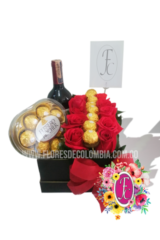Caja regalo chocolates y vino │ Flores de Colombia