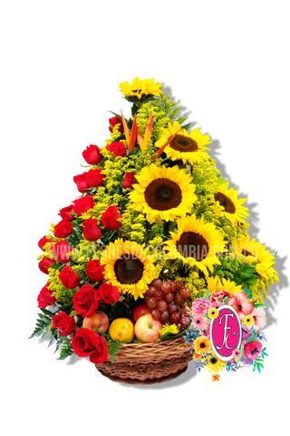 "Risaralda" Frutero en canasta + rosas y girasoles - Flores de Colombia