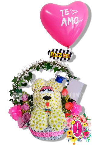 Oso floral en canasta con globo - Flores de Colombia