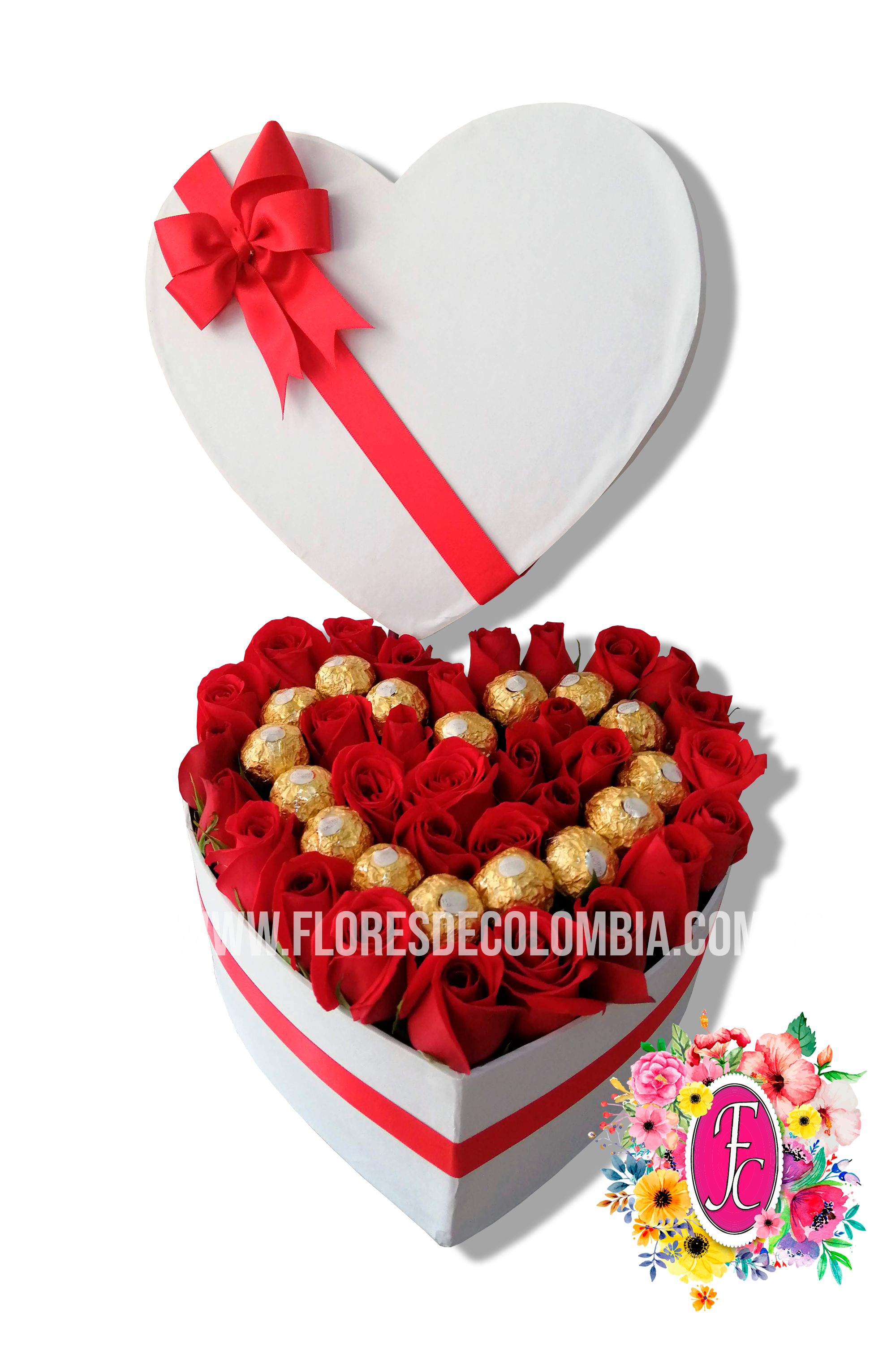 Caja Corazon con Ferrero Rocher │ Flores de Colombia